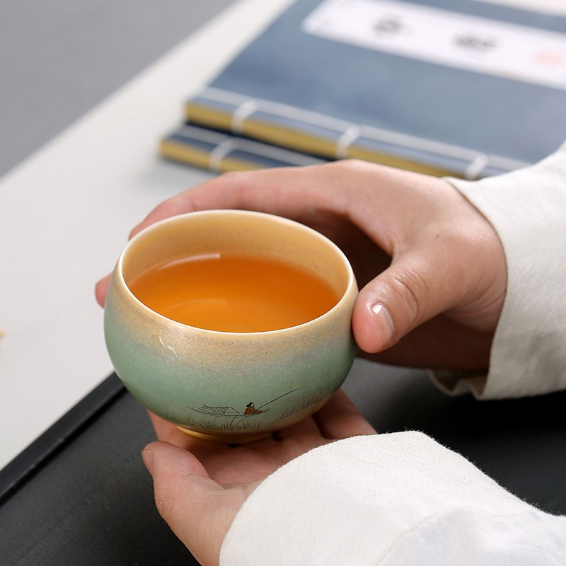 金镶玉 手绘茶杯 陶瓷窑变单杯小号水杯子主人杯功夫茶具礼盒装100ML 随缘手绘杯
