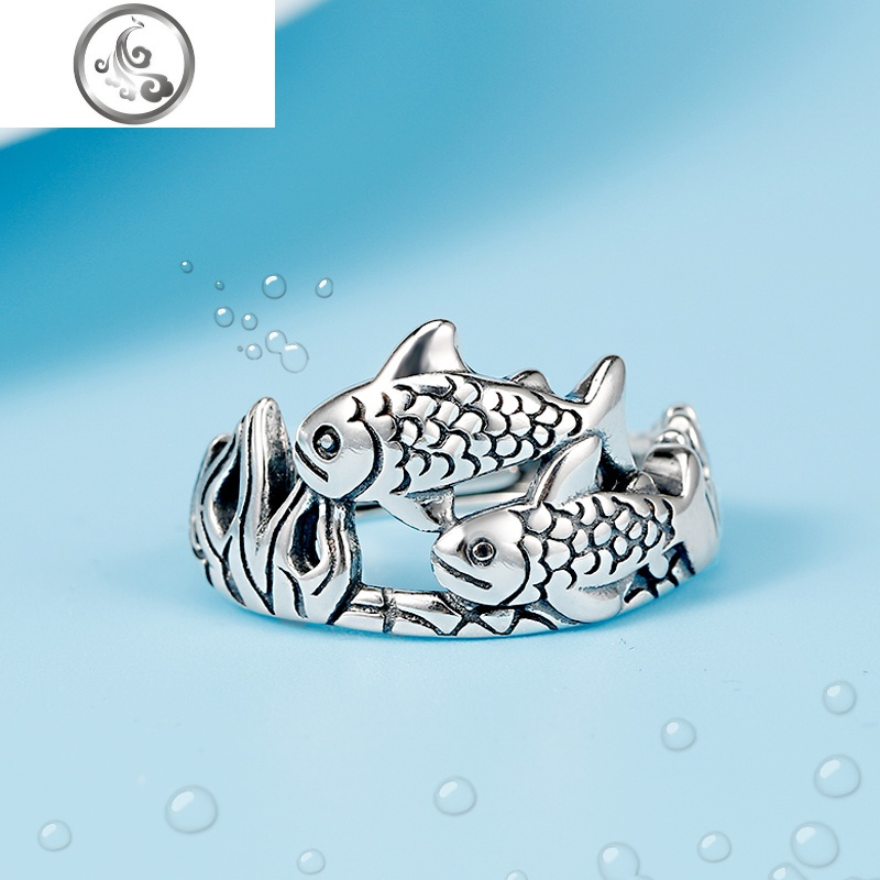 s925纯银双鱼戒指女时尚个性复古泰银开口连年有余指环潮流饰品jimi