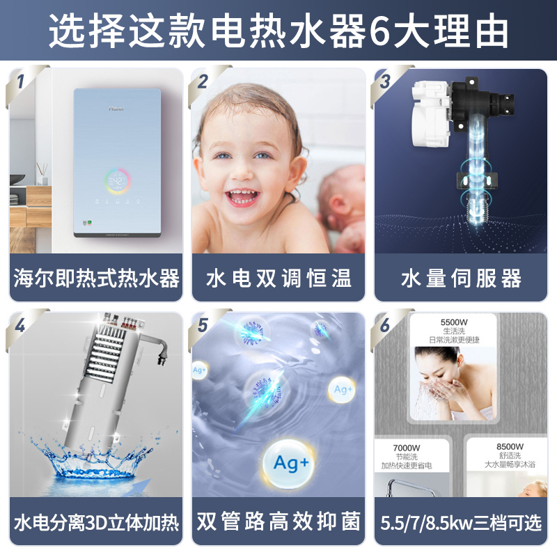 海尔(Haier)电热水器小型超薄即热式电热水器速热超薄8500W三挡功率快速制热恒温技术水量伺服器