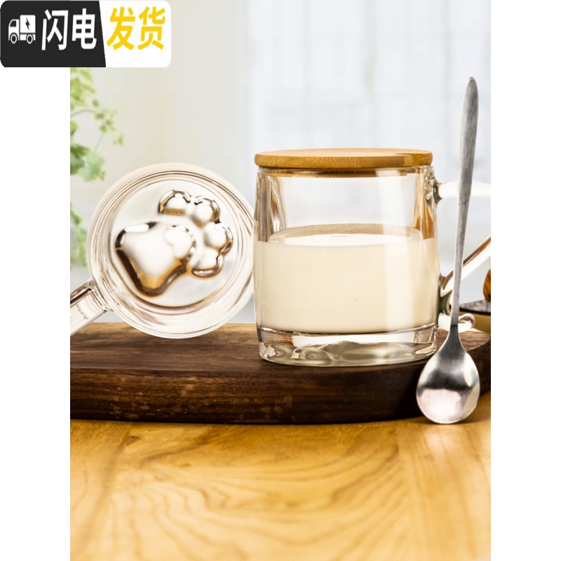 三维工匠透明玻璃杯带把家用水杯女牛奶杯早餐杯燕麦杯带盖勺麦片咖啡杯子 牛奶杯+竹木勺咖啡器具高清大图