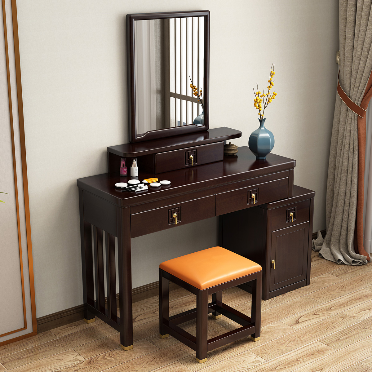 新中式橡胶木实木梳妆台实木化妆台卧室梳妆台简约小户型化妆桌梳妆台