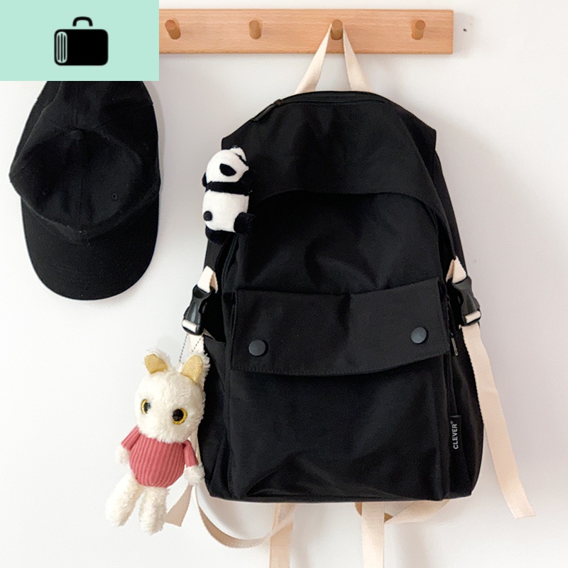 简约双肩包女森系ins韩版原宿ulzzang高中大学生书包中学生初中生NEW LAKE 黑色（（趴趴熊+兔子）
