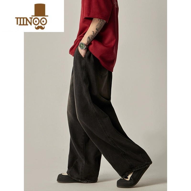 YANXU美式潮牌ins高街复古水洗做旧阔腿牛仔裤男宽松直筒休闲长裤子高清大图