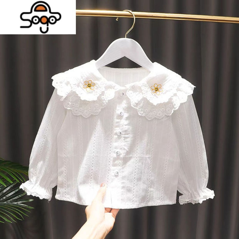 女童打底开衫婴儿娃娃领春秋装18岁女宝宝刺绣长袖衬衫上衣七色王国