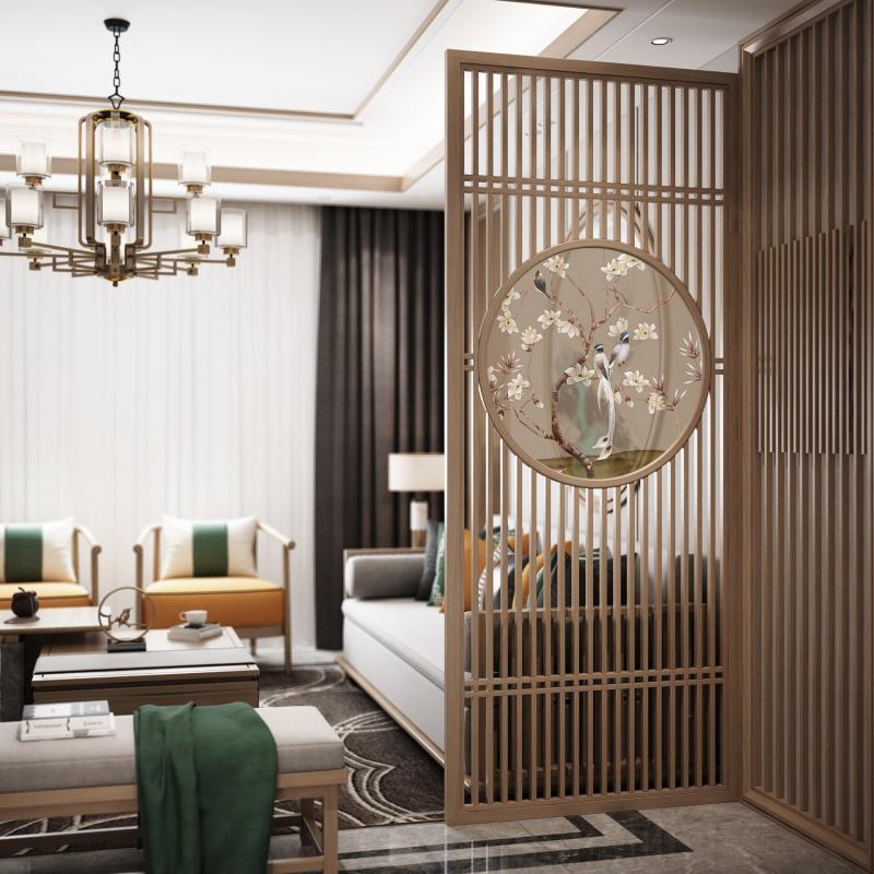 新中式屏风隔断客厅布艺玄关办公简约现代实木顶天立地座屏入户 定制咨询客服 整装高清大图