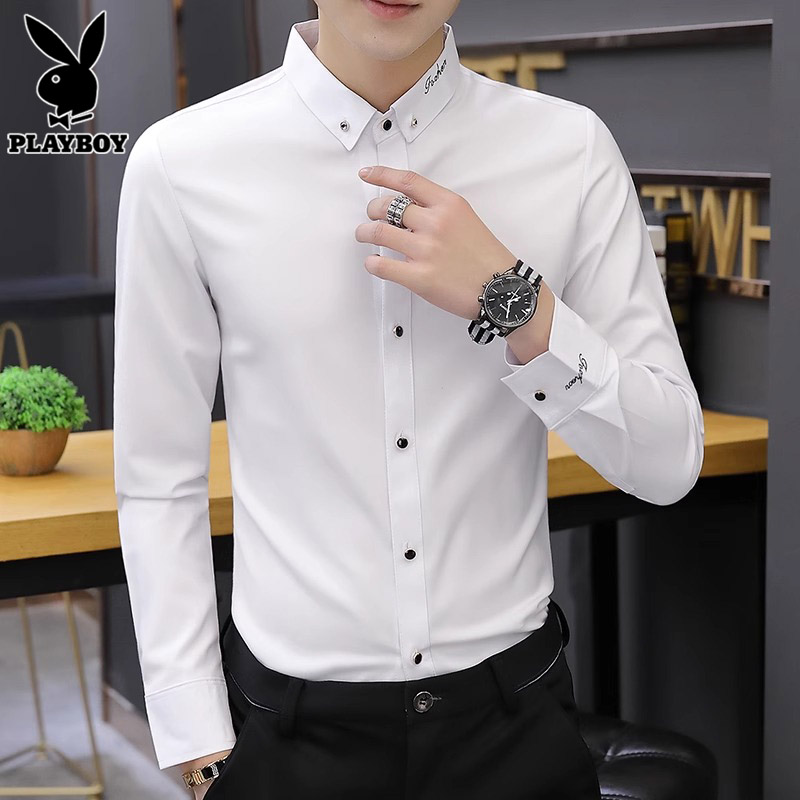 花花公子黑色长袖衬衫男士商务免烫寸衫夏季薄款潮牌休闲衬衣服务高清大图