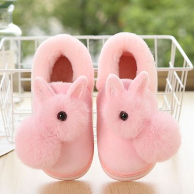 棉鞋女冬包跟防滑保暖居家厚底可爱亲子毛绒男童卡通拖鞋月子鞋 粉色兔子 24-25[内长15cm]