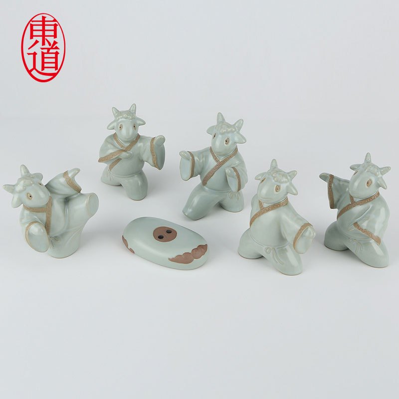 东道 汝窑茶具 礼盒装五羊太极茶宠 天青色 陶瓷 冰裂釉