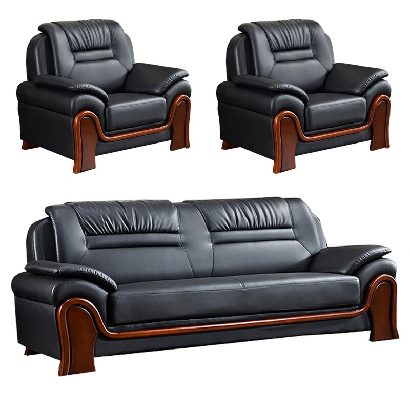 戴劲 办公沙发会客区皮沙发办公室中式商务沙发组合 头层黑牛皮1+1+3高清大图