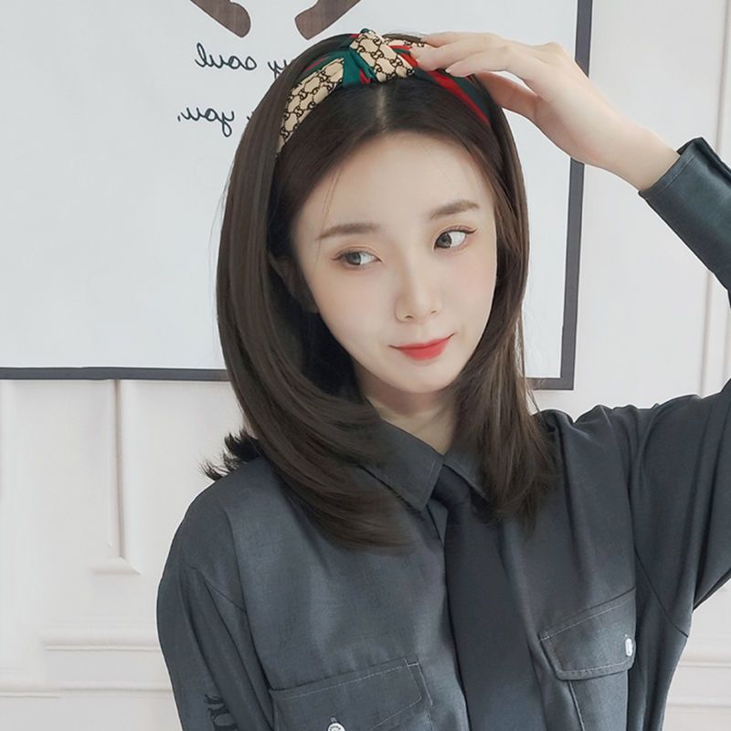 假发女中长发短发懒人锁骨发发箍半头套空气刘海波波头自然全头套 锁骨发[深棕色]+护理三件套