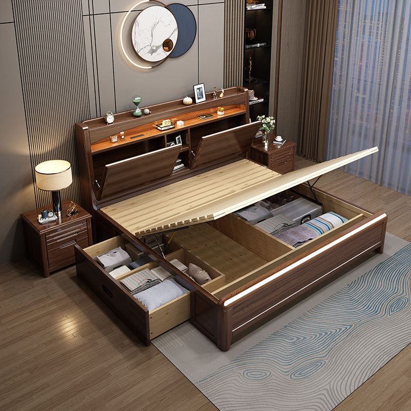 禧漫屋 床 新中式床实木床双人床金丝胡桃木1.8米床1.