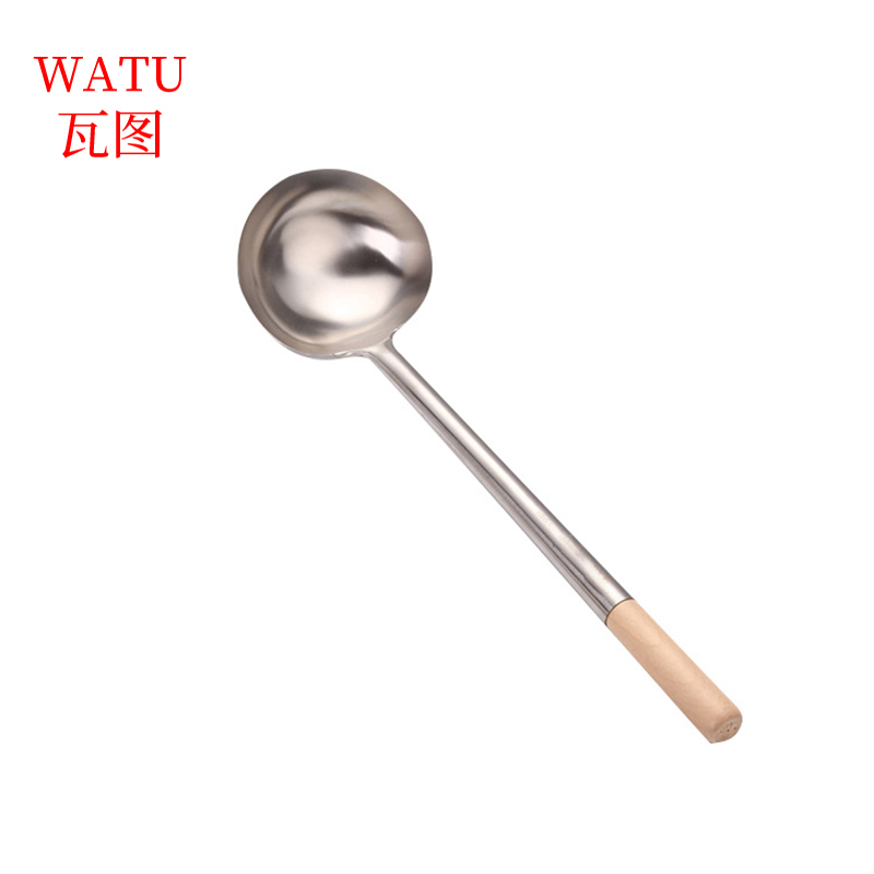 瓦图 不锈钢木柄炒菜勺 打菜勺 45*11.2cm 1个装