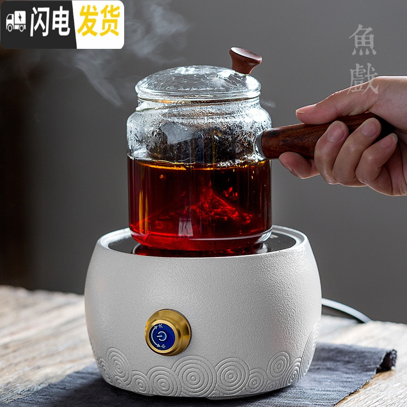 三维工匠家用全自动电陶炉煮茶器玻璃烧水壶日式陶瓷茶炉泡茶套装 弓竹提梁壶+祥云电陶炉·白茶具高清大图