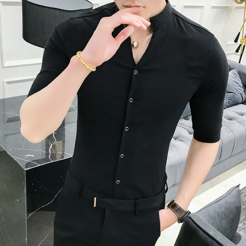 型师夜店黑色衬衫5七分袖男V领百搭纯色韩版修身商务衬衫夏季潮