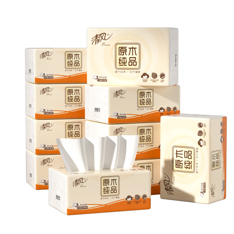 清风 原木纯品3层100抽/包*1*24抽取式面巾纸 纸品 餐巾纸家用纸巾 吸水依旧强韧 BR12XSC24BC