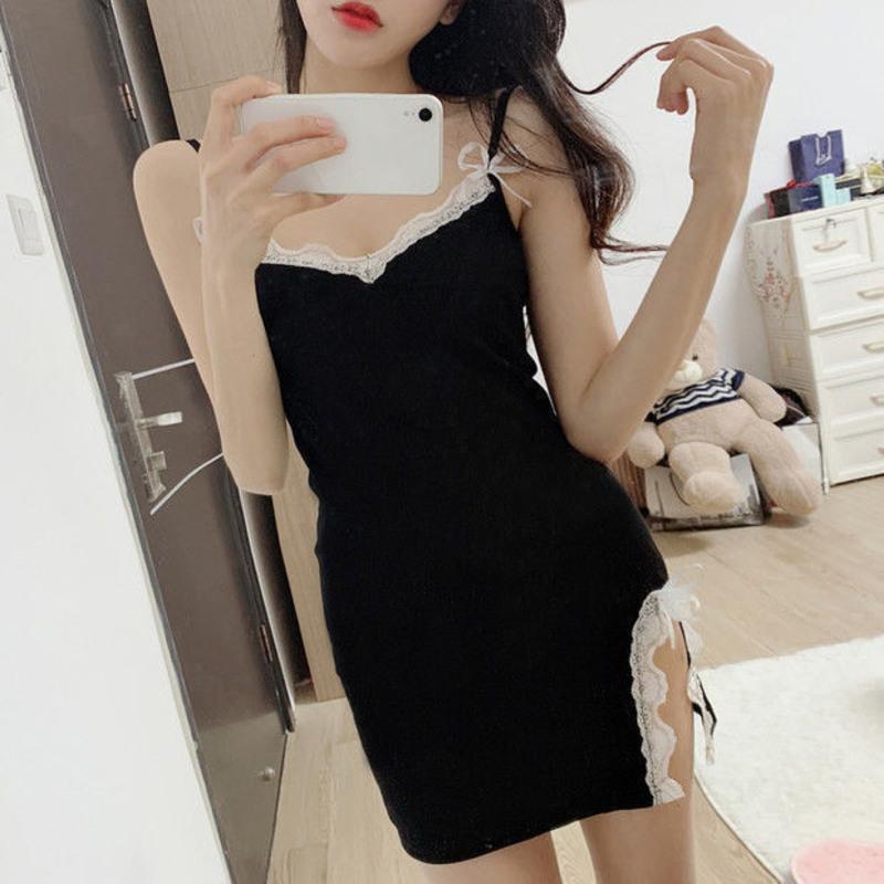 301黑色 S 睡裙女夏季韩版蕾丝睡衣女短款V领吊带裙可外穿修身带胸垫家居服
