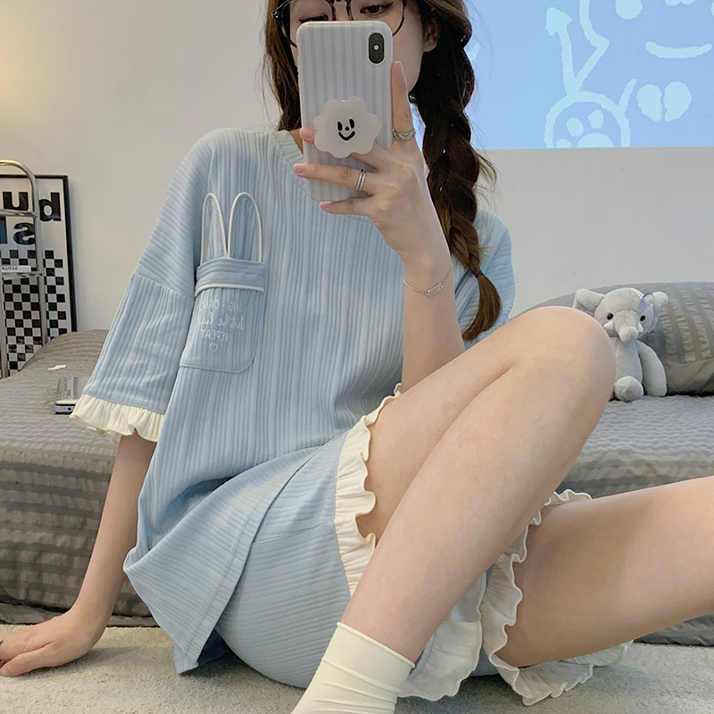 Ceba网红新款睡衣女夏季短袖短裤圆韩版领甜美可爱少女家居服套