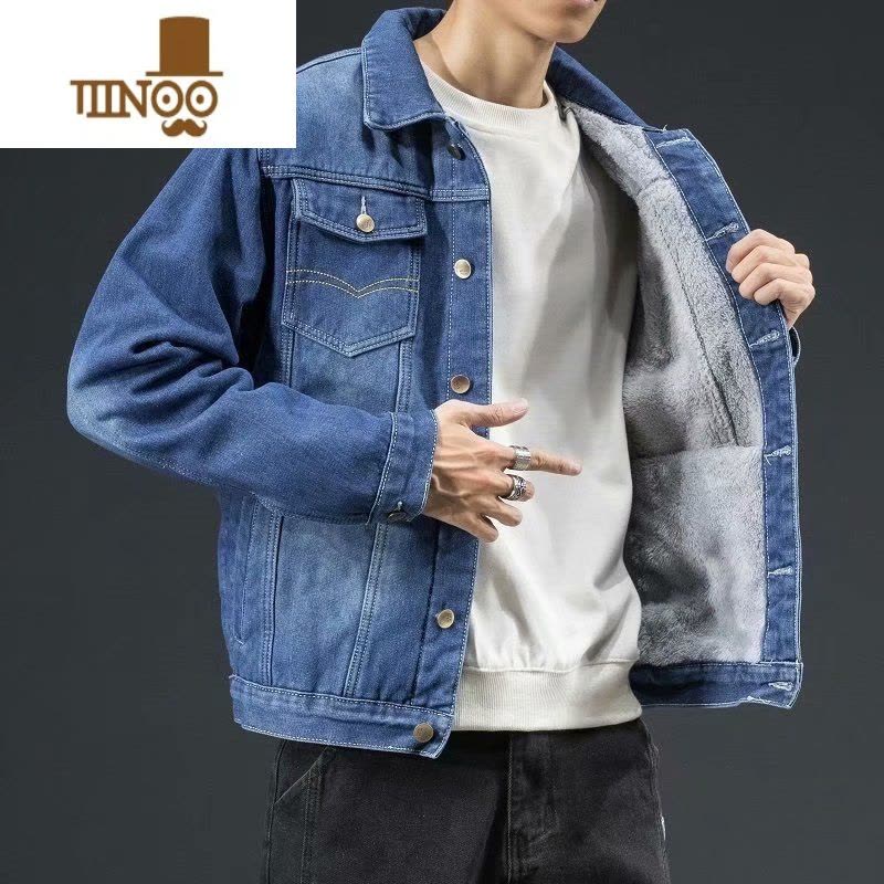 YANXU2023冬季加绒加厚牛仔外套男士韩版潮流宽松工装夹克潮牌日系上衣图片