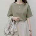 短袖韩版圆领T恤女夏季宽松植物印花休闲纯色打底衫上衣韩国女装_1 M(均码) 抹茶绿