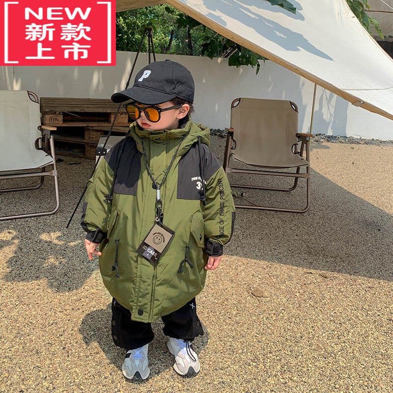 可莉允小小郑儿童冬装外套帅气工装风宝宝棉袄过膝中长款军绿色男童棉服图片