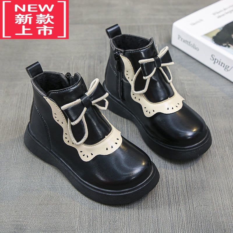 可莉允女童公主蝴蝶结马丁靴2022冬季儿童靴子皮靴女加绒短靴保暖雪地靴图片