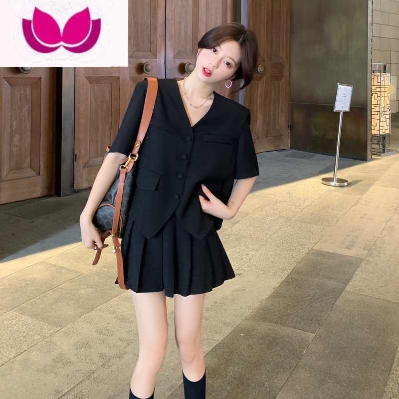 七斓大码女装2023夏装新款显瘦遮肉穿搭一整套胖mm高级感西装套装 黑色裙子 XXL