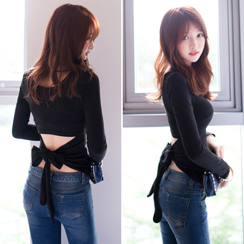 夏天衣服系带露背绑带收腰短袖上衣时尚女装体恤性感镂空紧身t恤ljq