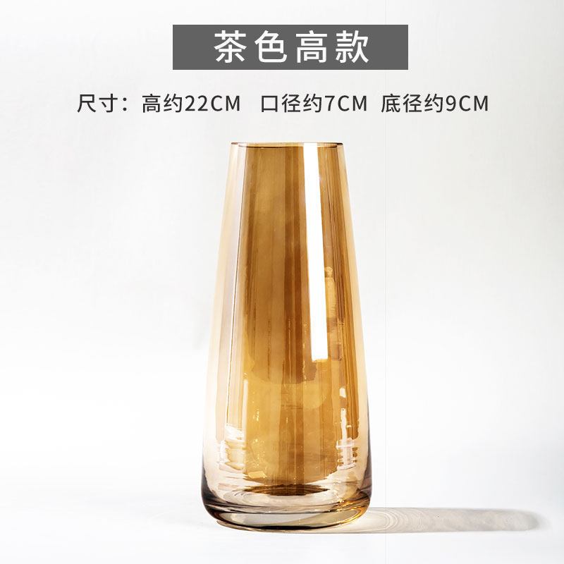 创意玻璃花瓶鲜花轻奢简约花器美式欧式绿萝满天星客厅电视柜摆件 三维工匠 茶色高款