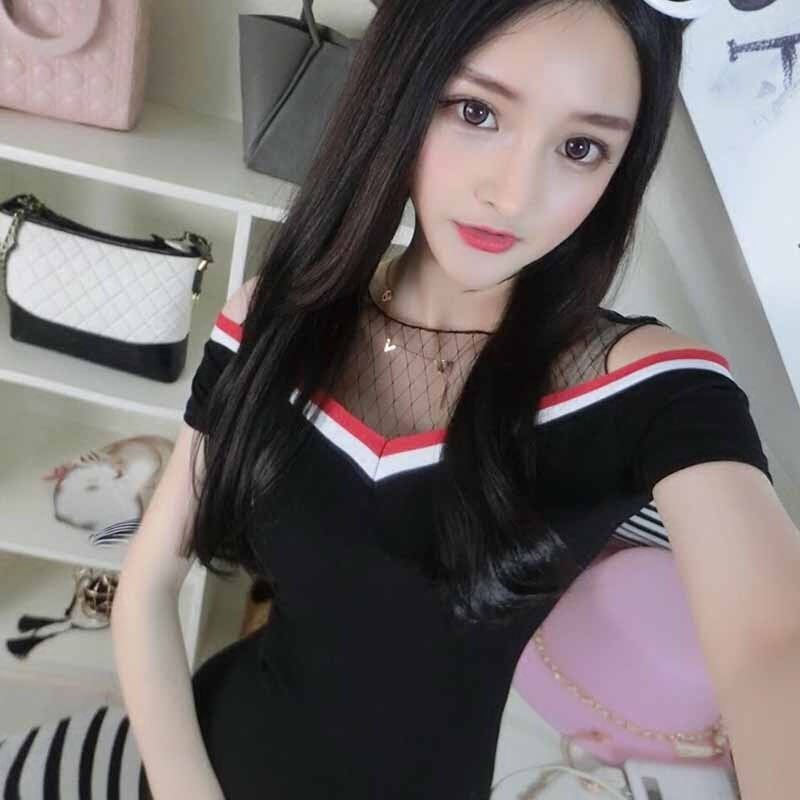 夜场女装2018夏季新款修身显瘦网纱拼接露肩条纹包臀小心机连衣裙条纹均码