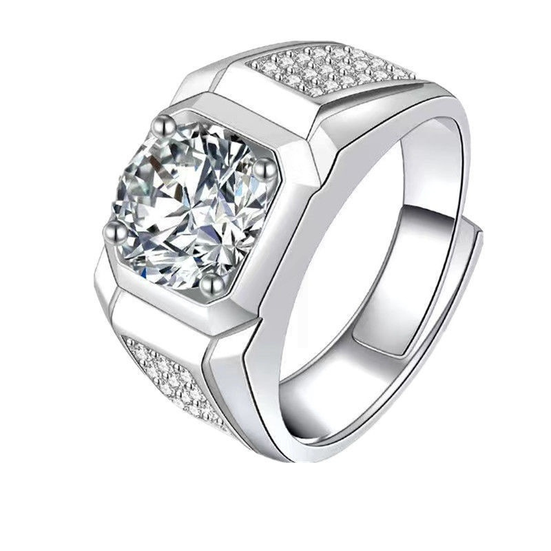 莫桑钻石戒指男潮炫酷霸气满钻3克拉钻戒镀白金男士开口活口戒指3克拉