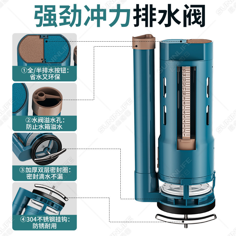 吸塑洁具马桶水箱配件进水阀坐便器排水阀马桶下水连体高压套装-马桶进水阀【蓝褐】+马桶排水阀【蓝褐连体】28cm