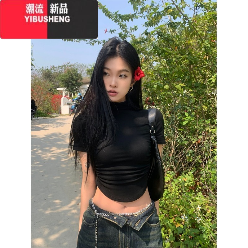 YIBUSHENG短款修身黑色半高领内搭打底衫女季辣妹设计感紧身短袖N黑色身高清大图