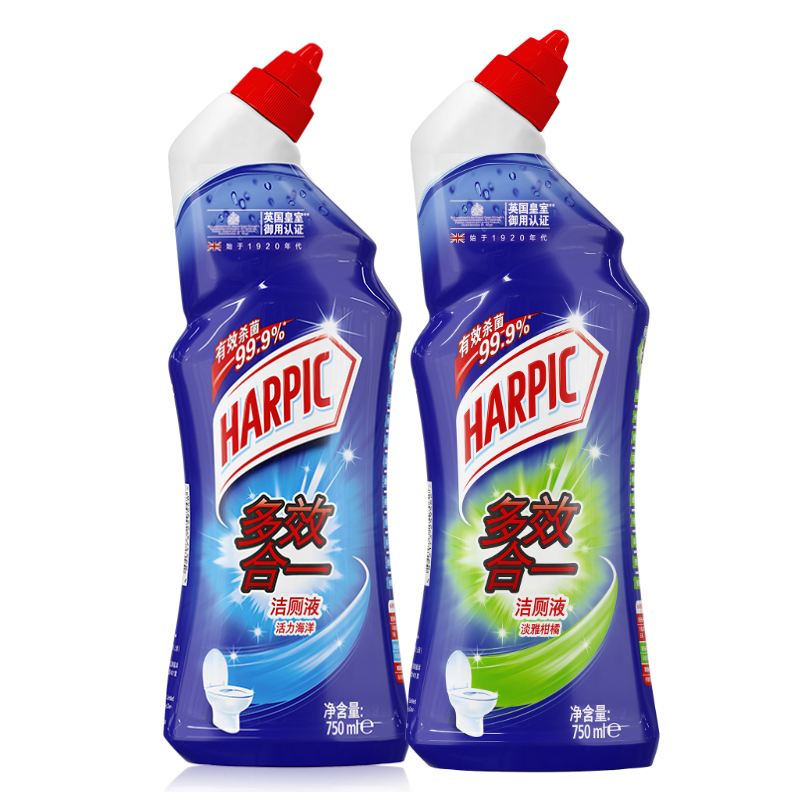 HARPIC多效合一洁厕液淡雅柑橘750ml+活力海洋750ml 强效去垢