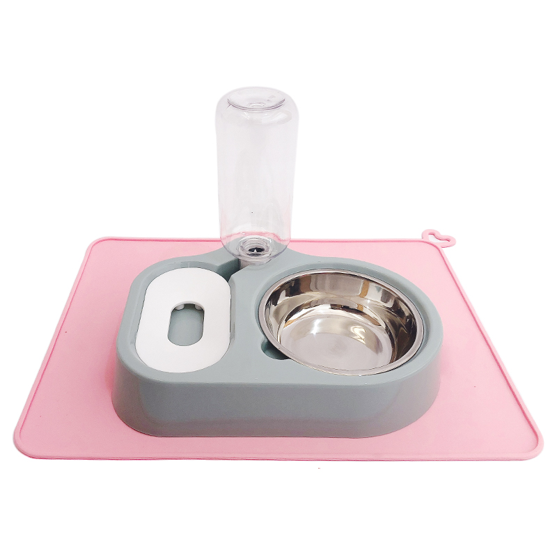 猫碗不锈钢狗碗双碗不湿嘴自动饮水器两用猫宠物粮狗食盆猫咪用品 天蓝色+防漏餐垫粉红色 适合猫/小型犬