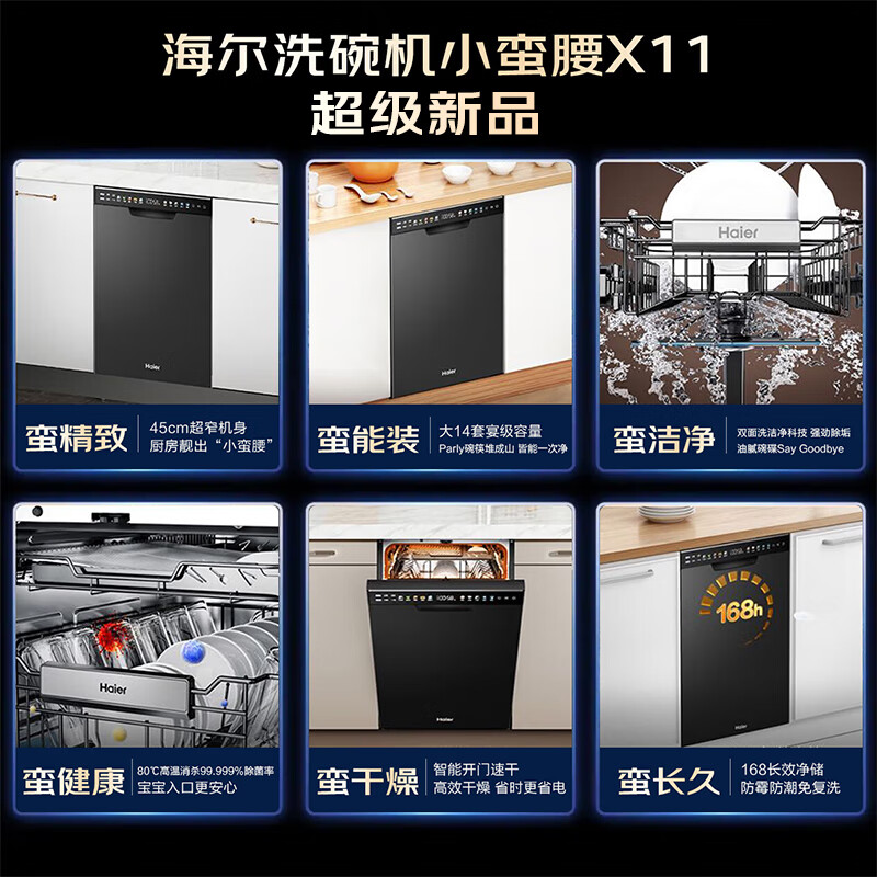 海尔(Haier)双面洗洗碗机小蛮腰X11嵌入式家用14套大容量三层碗篮超窄亚式一级水效变频高压分区精洗高清大图