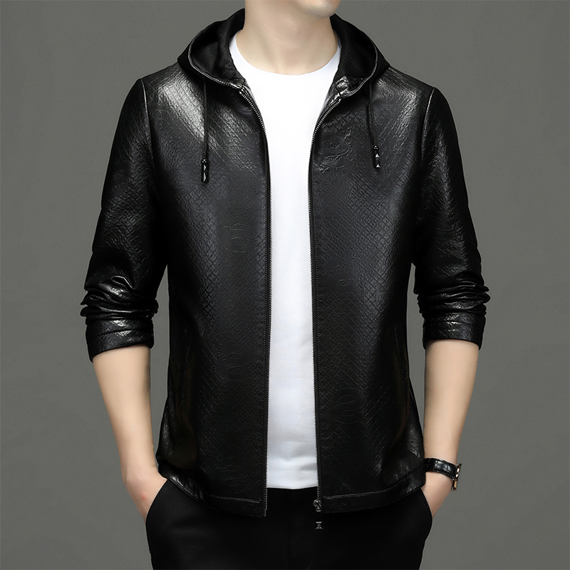 掉皮包换 海宁男士真皮皮衣男士山羊皮连帽短款青年修身皮夹克潮流