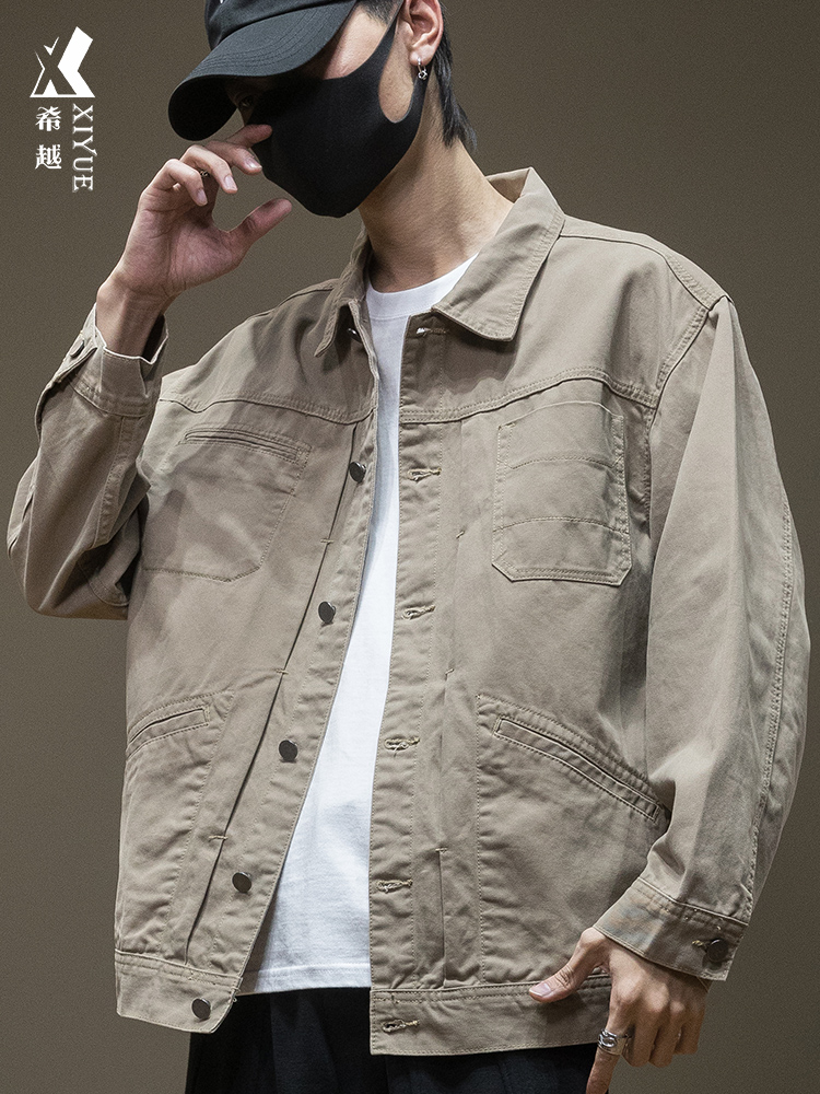 SUNTEK春秋卡其色飞行员工装牛仔夹克外套男宽松大码胖子潮牌休闲男装潮夹克