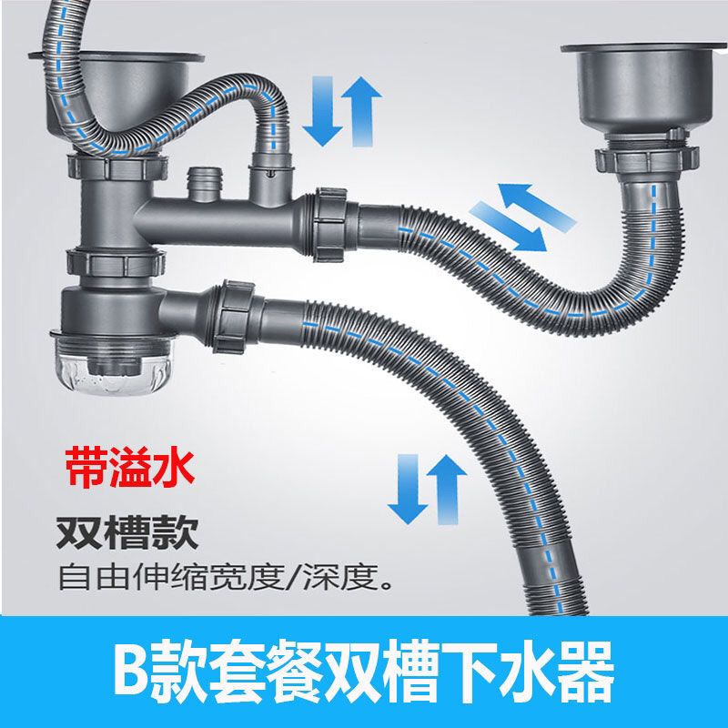 厨房水槽下水器后置靠墙不锈钢双单槽防臭洗菜盆下水管道配件|D款单槽下水器