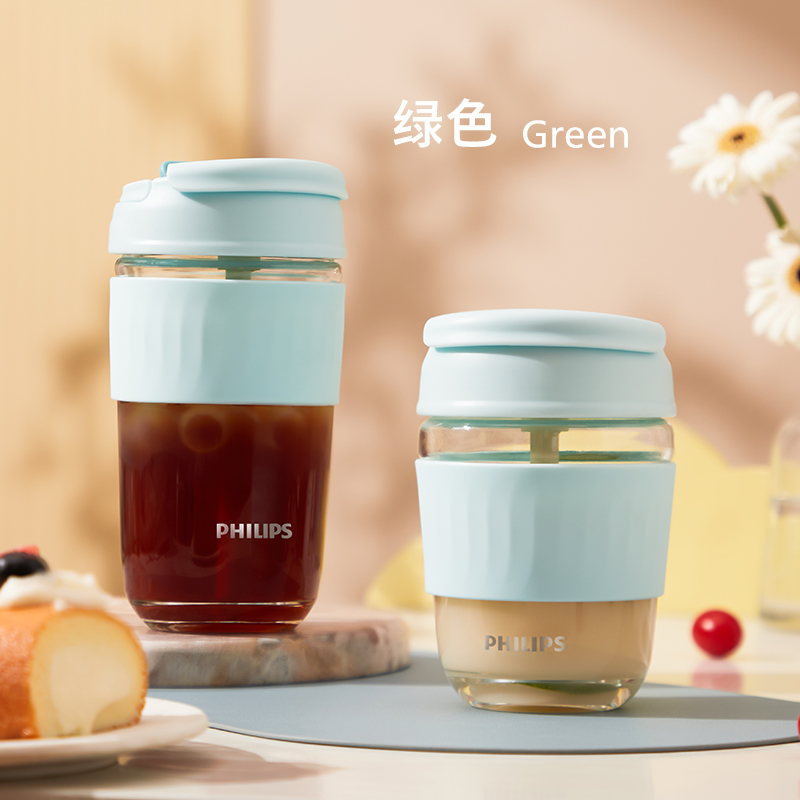 飞利浦玻璃水杯女带吸管便携可爱夏季泡茶大容量咖啡杯子ins风 绿色350ML 统一规格