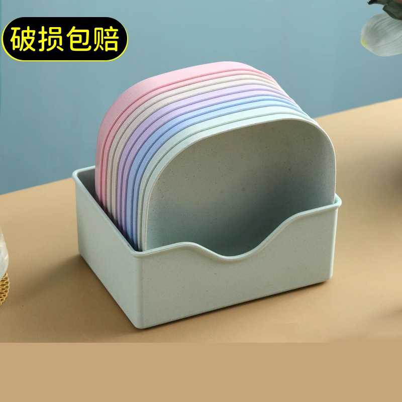 日式家用吐骨头盘碟塑料餐桌放菜骨碟吐骨碟小盘子垃圾盘底座收纳 加深方碟混色10个装 (带粉色底座)高清大图
