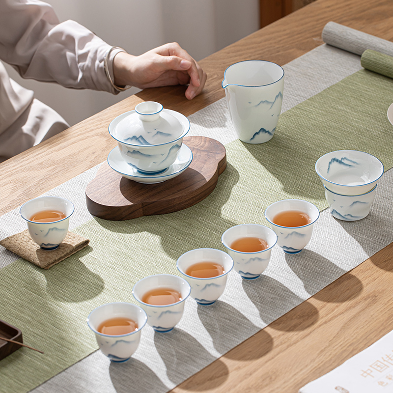 苏氏陶瓷(SUSHI CERAMICS)手绘画江山羊脂玉瓷盖碗套组非遗老师苏爱珍作品
