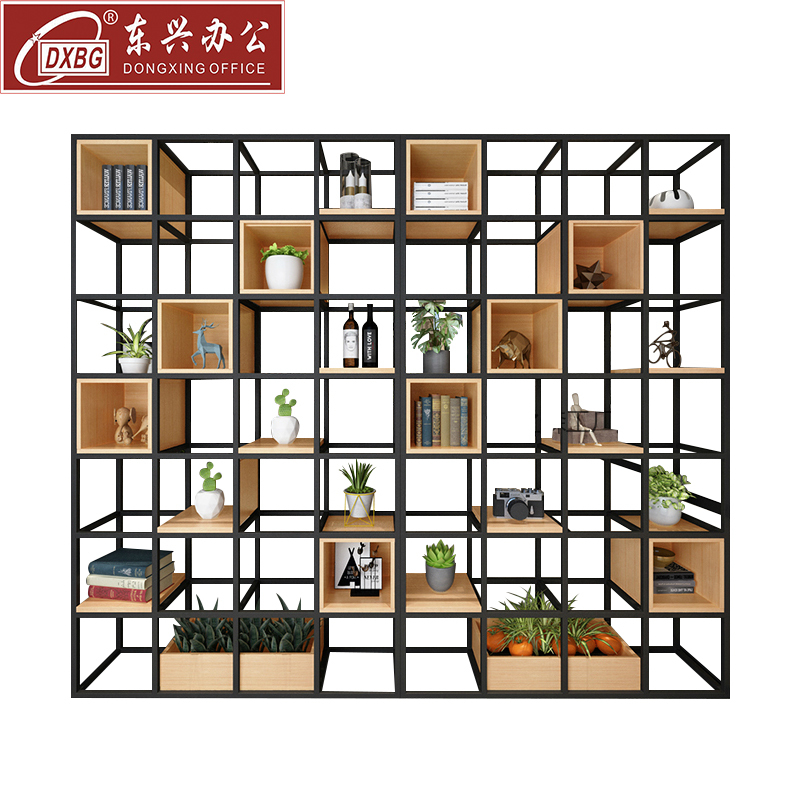DXBG美式铁艺落地屏风隔断客厅架子实木书架现代简约展示架玄关置物架