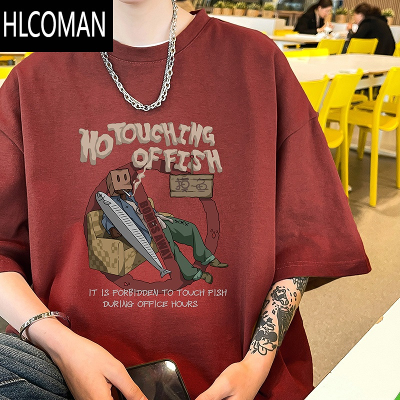 hlcoman酒红色短袖t恤男款夏季美式复古潮流潮牌宽松半袖体恤衫