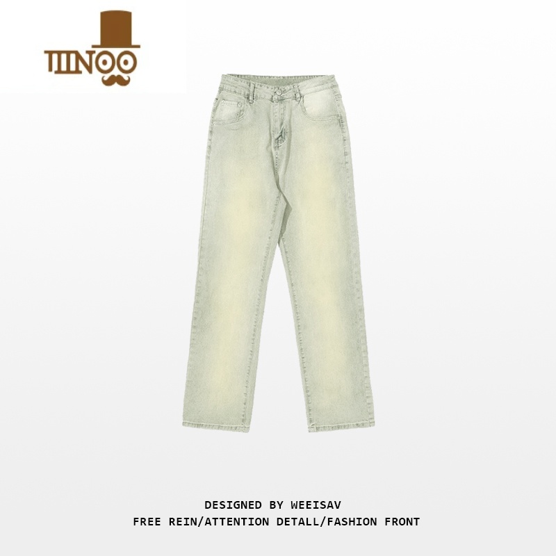 YANXU美式高街水洗做旧黄泥色牛仔裤男秋季复古vintage修身直筒长裤ins高清大图