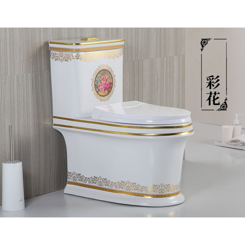 家用马桶彩金四孔超漩座便欧式节水大口径彩色创意彩花坐便器波迷娜BOMINA