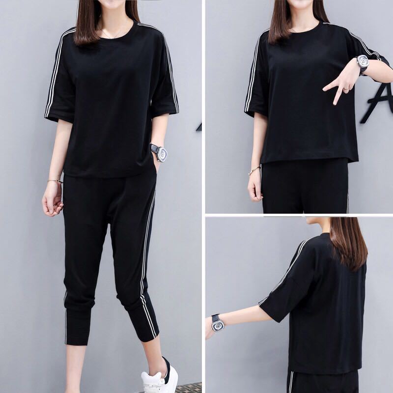 秋壳纯棉运动套装女夏季新款休闲时尚宽松五分袖九分裤宽松两件套