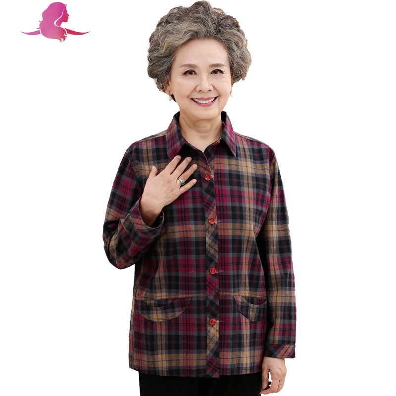 艳如飞老人棉衬衫长袖格子老太太春秋上衣服奶奶中老年人女装妈妈棉妈妈装
