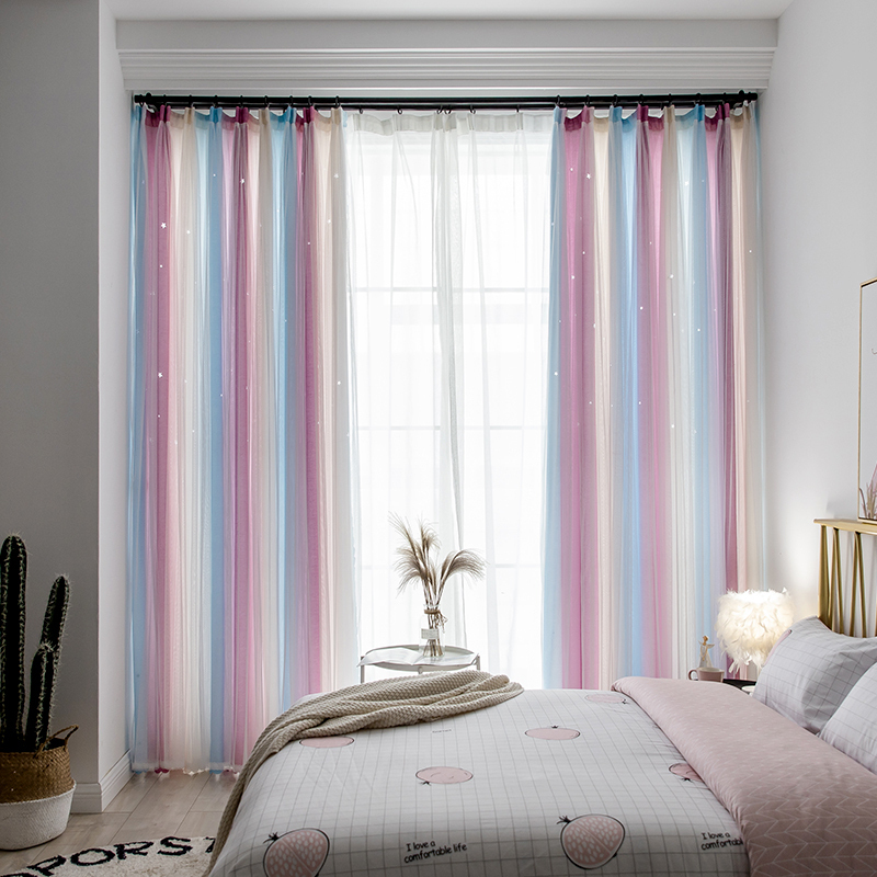 美帮汇条纹地中海遮光现代简约北欧公主风星星窗帘客厅卧室 棉麻冰激凌紫丽莎星星 定制每米价格（含打孔加工）
