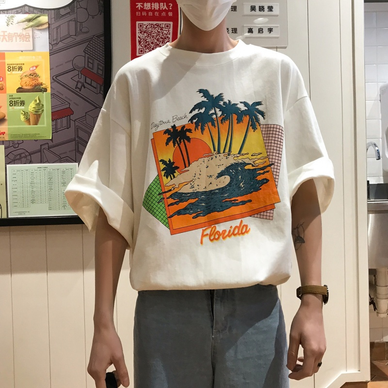 夏季原宿风七分袖男生短袖T恤男韩版潮学生个性青年宽松bf中袖7分