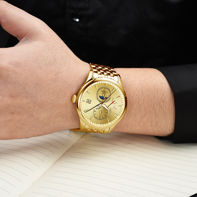 瑞士嘉年华CARNIVAL手表全自动机械表 男新款商务防水手表男士夜光男表星辰日历金色男表时尚休闲金属精钢腕表8732高清大图